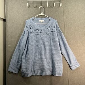 Encore by Idina Menzel Boucle Bateau Open Stitch Sweater Blue Jay Size 1X